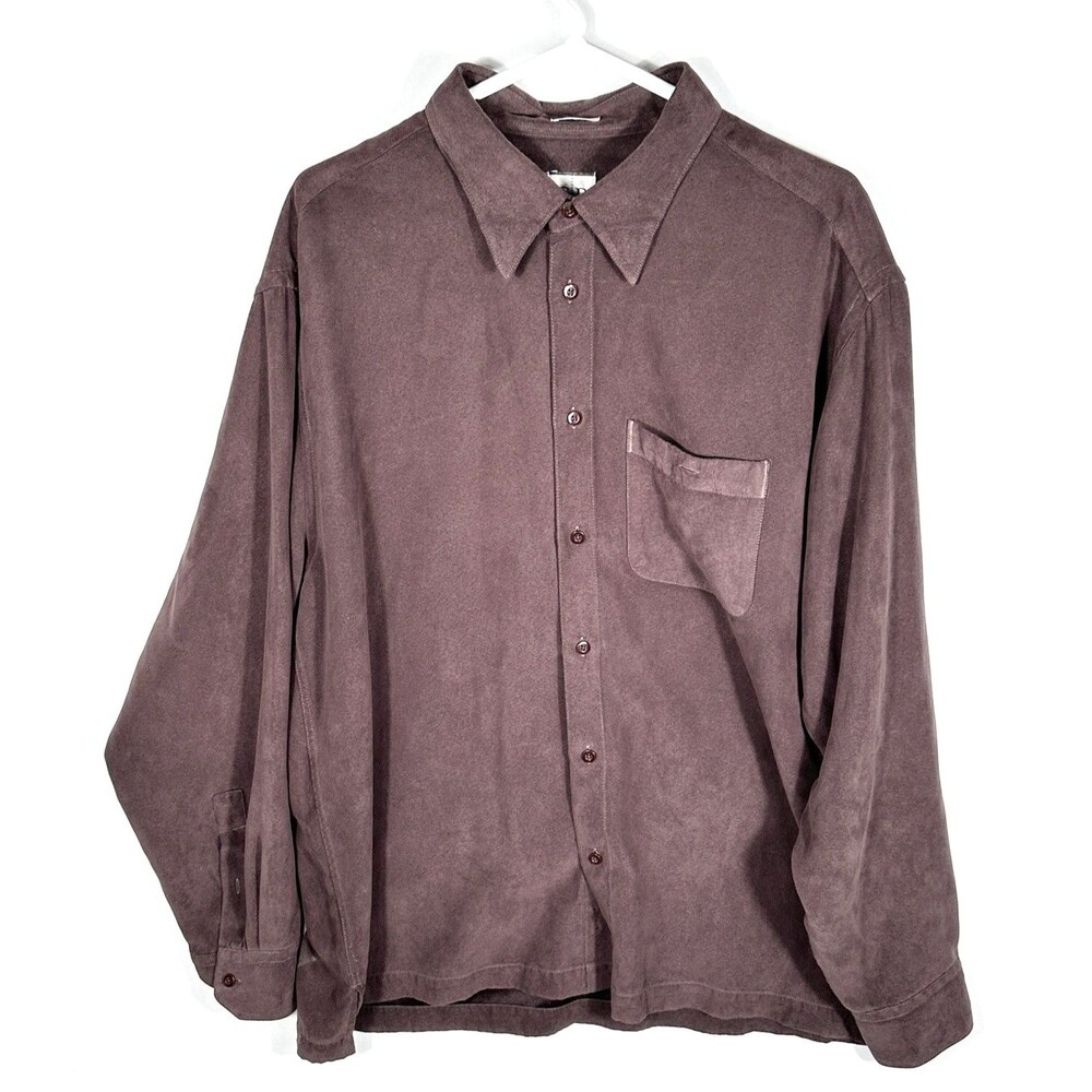 Geoffrey Beene Long Sleeve Button Shirt Men's XL Brown Micro Suede Polyester
